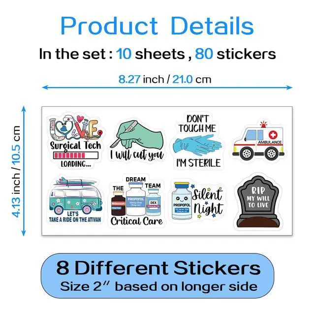 Alt view image 2 of 6 - Funny Nurse Stickers 80 Pcs Medical Staff Accessories Decals for Notebook Water Bottle Luggage 2'' Appreciation Gifts Stickers for ICU ER EMT Surgical Tech Nursing Doctor Student Assistant