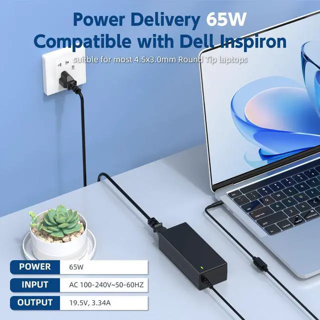 Alt view image 2 of 6 - 65W Dell Laptop Carger for Dell Inspiron Series 4.5mm x 3.0mm AC Adapter | Compatible with Inspiron 13/14/15 3000 5000 7000 Series 5368 5378 5379 7347 7348 7352 7353 7368 7378