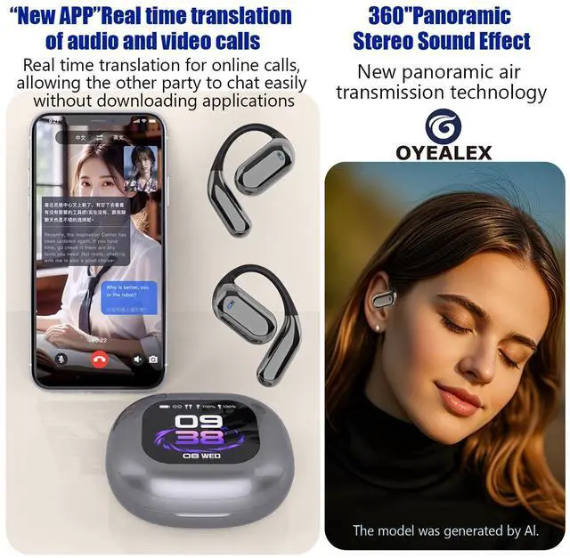 Alt view image 4 of 6 - AI Translation Earbuds Real Time 144 Language LCD Screen ANC Open Ear Grey | Active Noise Canceling,Ear-Hanging Design,Intelligent Touchscreen,Lightweight Comfort Fit for Adult Travel Business Sport