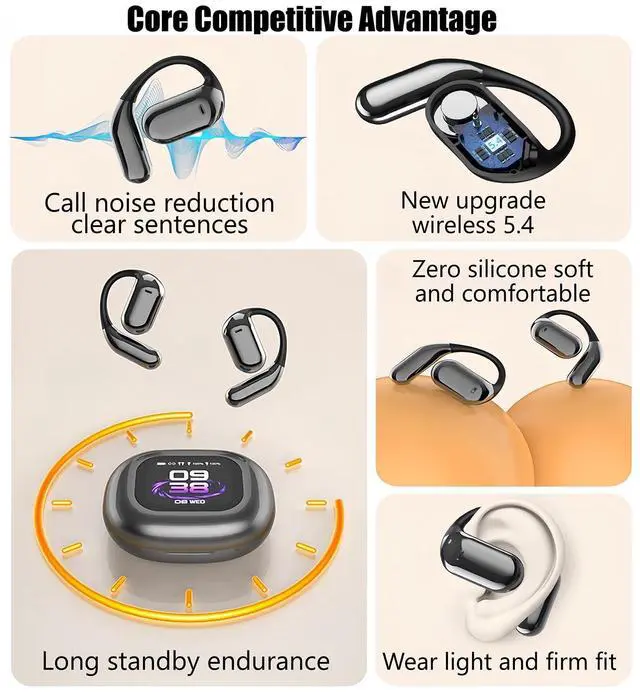 Alt view image 6 of 6 - AI Translation Earbuds Real Time 144 Language LCD Screen ANC Open Ear Grey | Active Noise Canceling,Ear-Hanging Design,Intelligent Touchscreen,Lightweight Comfort Fit for Adult Travel Business Sport