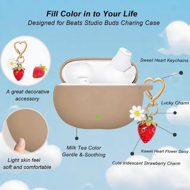 Alt view image 4 of 6 - for Beats Studio Buds Case/Studio Buds Plus Case Cover,Soft Silicone Cover Protective with Cute Strawberry Daisy Flower Charm Keychain for Beats Studio Buds+ Earbuds Charging Case Milk Tea