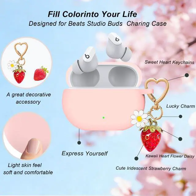 Alt view image 4 of 6 - for Beats Studio Buds Case/Studio Buds Plus Case Cover,Soft Silicone Cover Protective Case with Cute Strawberry Daisy Flower Charm Keychain for Beats Studio Buds+ Earbuds Charging Case Pink
