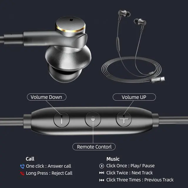 Alt view image 6 of 7 - USB-C Earbuds Noise Cancellation Hybrid Driver Bass Boost Wired Headphones | Type C Plug,Deep Bass Ear Bud Call Noise-canceling Mic Wired Earphone Compatible with iPhones 17 16 15 pro max and C port