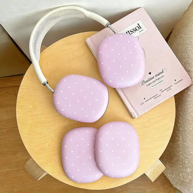 Alt view image 6 of 7 - Cute Case Cover Compatible with AirPods Max 2/1,Pastel Pink Hard Case Polka Dot Pattern for Women & Girls,Simple Fresh Funny Shockproof Anti-Scratch Protective Skin Dustproof Ear Caps Accessories