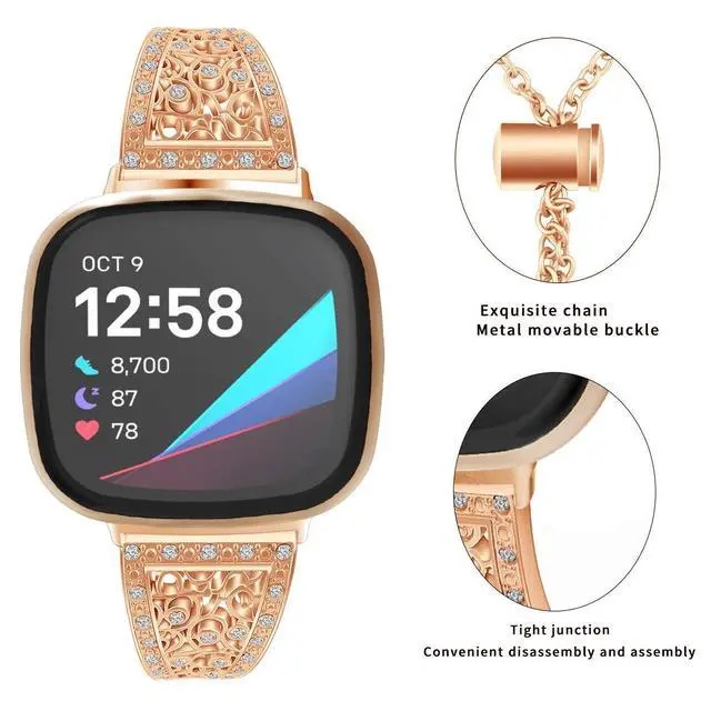 Alt view image 2 of 6 - Compatible with Fitbit Versa 4/Versa 3/ Sense 2/Sense Band for Women, Replacement Bling Metal Strap Stainless Steel Metal Jewelry Bangle Wrist Strap Bracelet Rhinestone Accessories for Sense 2/Versa 4