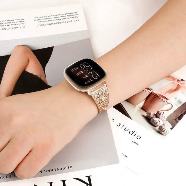 Alt view image 4 of 6 - Compatible with Fitbit Versa 4/Versa 3/ Sense 2/Sense Band for Women, Replacement Bling Metal Strap Stainless Steel Metal Jewelry Bangle Wrist Strap Bracelet Rhinestone Accessories for Sense 2/Versa 4