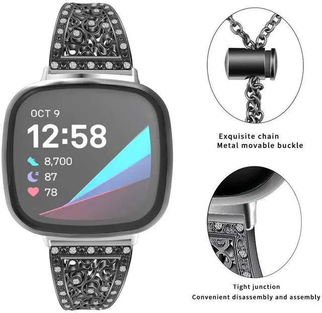 Alt view image 2 of 6 - Compatible with Fitbit Versa 4/Versa 3/ Sense 2/Sense Band for Women, Replacement Bling Metal Strap Stainless Steel Metal Jewelry Bangle Wrist Strap Bracelet Rhinestone Accessories for Sense 2/Versa 4