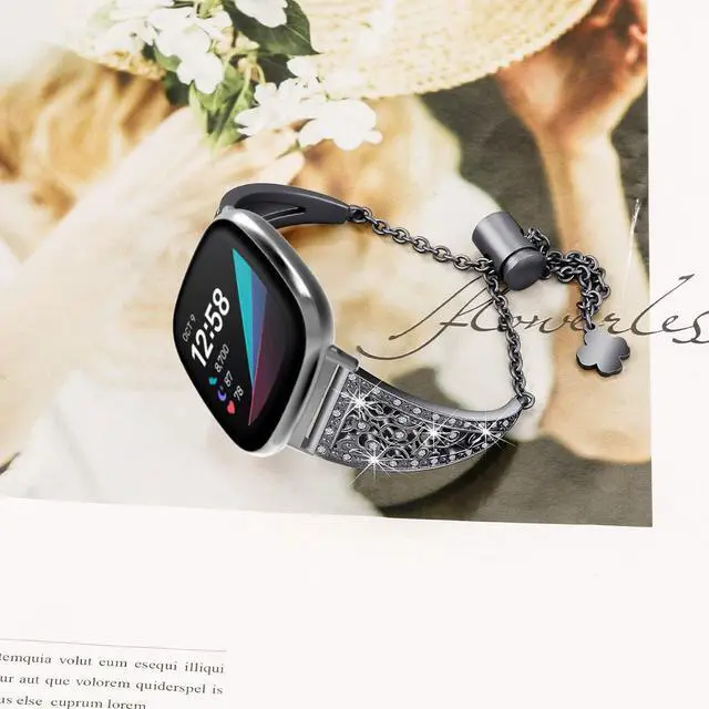 Alt view image 5 of 6 - Compatible with Fitbit Versa 4/Versa 3/ Sense 2/Sense Band for Women, Replacement Bling Metal Strap Stainless Steel Metal Jewelry Bangle Wrist Strap Bracelet Rhinestone Accessories for Sense 2/Versa 4