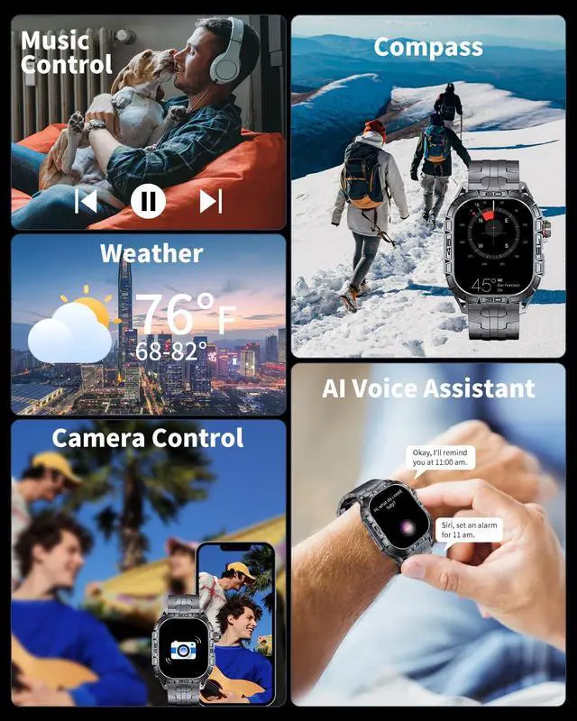 Alt view image 2 of 3 - Military Smart Watch for Men(Answer/Make Call), 1.96'' AMOLED Outdoor Smartwatch with Compass/Heart Rate/Sleep Monitor/100+ Sport Modes/IP68 Waterproof for iPhone/Android Phones, 2 Straps