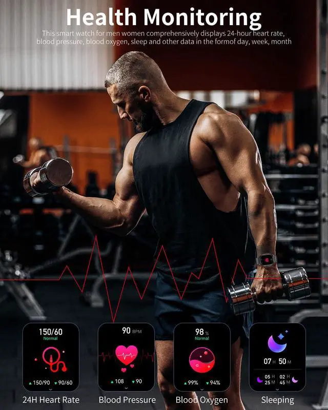 Alt view image 3 of 3 - Military Smart Watch for Men(Answer/Make Call), 1.96'' AMOLED Outdoor Smartwatch with Compass/Heart Rate/Sleep Monitor/100+ Sport Modes/IP68 Waterproof for iPhone/Android Phones, 2 Straps