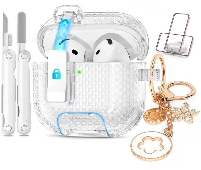 Main image of for Airpods 4 Case Clear with Lock&Bling Keychain for Women&Girly,Cute Soft TPU Clear Case Cove for Apple Airpods 4th Generation (2024) with Cleaning Kit,Phone Holder Function