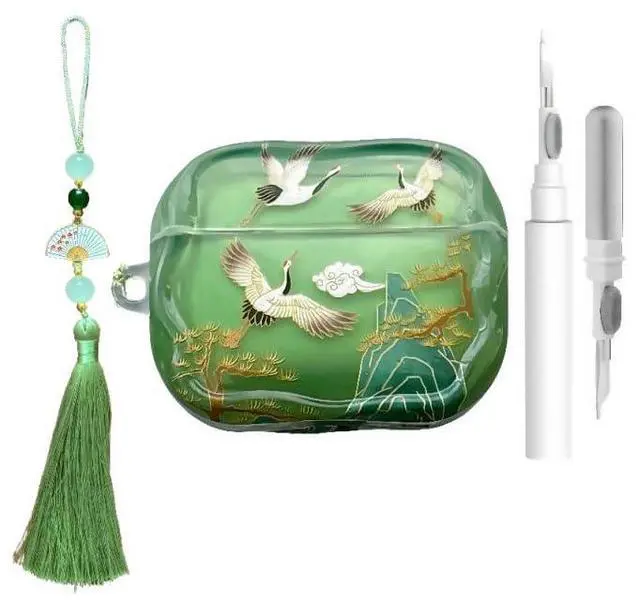Main image of Lucky Crane Case for AirPod Pro 2, Green Cover Soft TPU Protective Skin Shockproof with Green White Fan Beaded Tassel Keychain and Cleaning Kit, Compatible with Airpods Pro 2nd/1st Generation