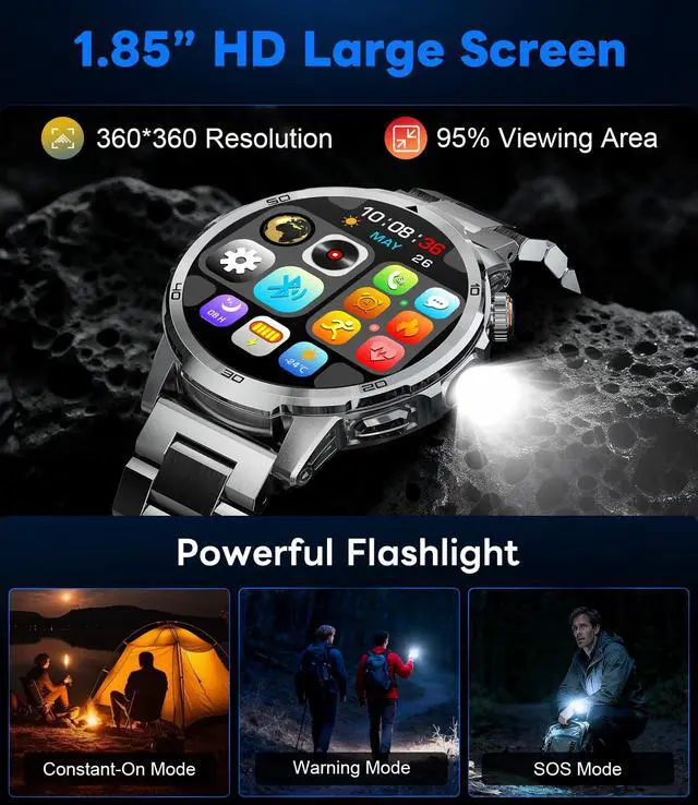 Alt view image 3 of 6 - Smart Watches for Men 1000mAh 1.85" HD IP68 LED Light Military Sport | Large Battery Big Touch Screen 110+ Sports Modes Waterproof