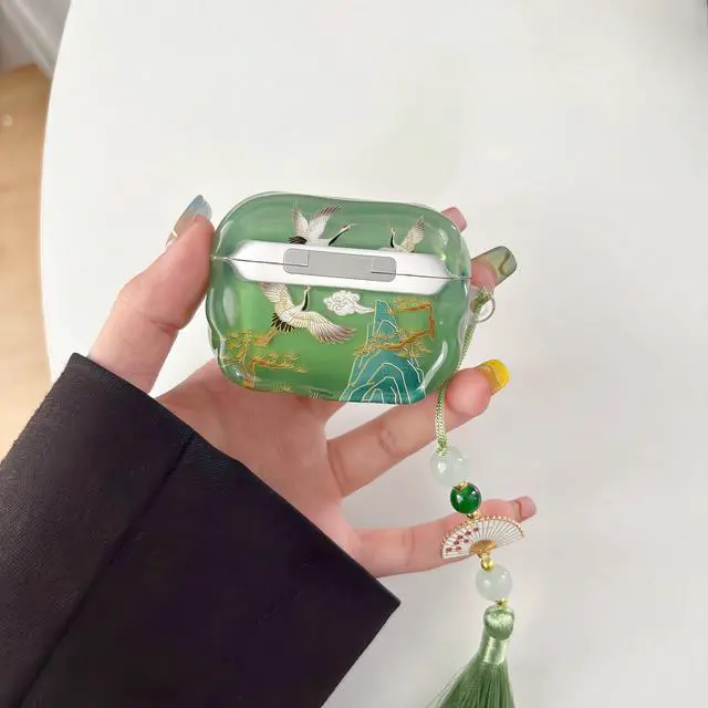 Alt view image 4 of 6 - Lucky Crane Case for AirPod Pro 2, Green Cover Soft TPU Protective Skin Shockproof with Green White Fan Beaded Tassel Keychain and Cleaning Kit, Compatible with Airpods Pro 2nd/1st Generation