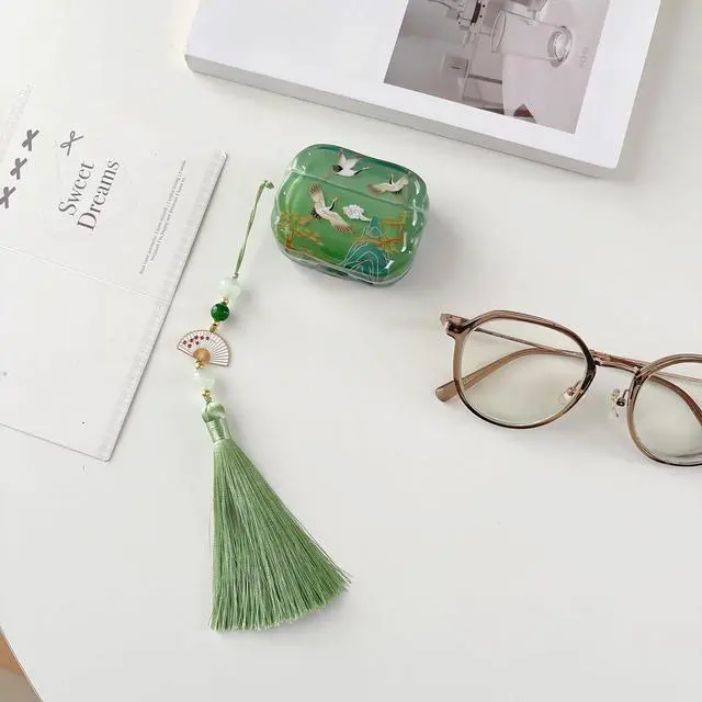 Alt view image 2 of 6 - Lucky Crane Case for AirPod Pro 2, Green Cover Soft TPU Protective Skin Shockproof with Green White Fan Beaded Tassel Keychain and Cleaning Kit, Compatible with Airpods Pro 2nd/1st Generation