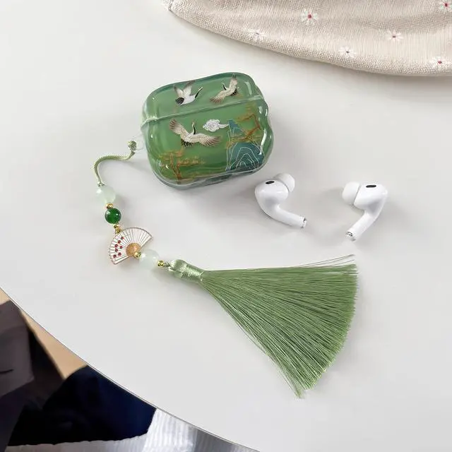 Alt view image 5 of 6 - Lucky Crane Case for AirPod Pro 2, Green Cover Soft TPU Protective Skin Shockproof with Green White Fan Beaded Tassel Keychain and Cleaning Kit, Compatible with Airpods Pro 2nd/1st Generation