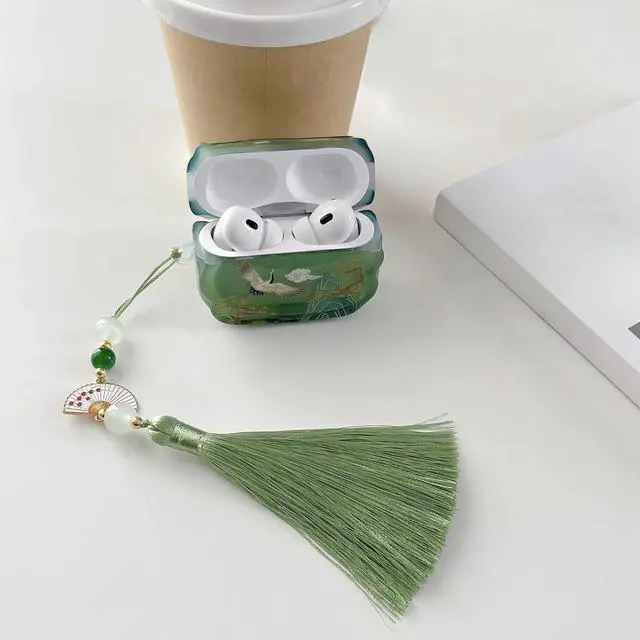 Alt view image 6 of 6 - Lucky Crane Case for AirPod Pro 2, Green Cover Soft TPU Protective Skin Shockproof with Green White Fan Beaded Tassel Keychain and Cleaning Kit, Compatible with Airpods Pro 2nd/1st Generation