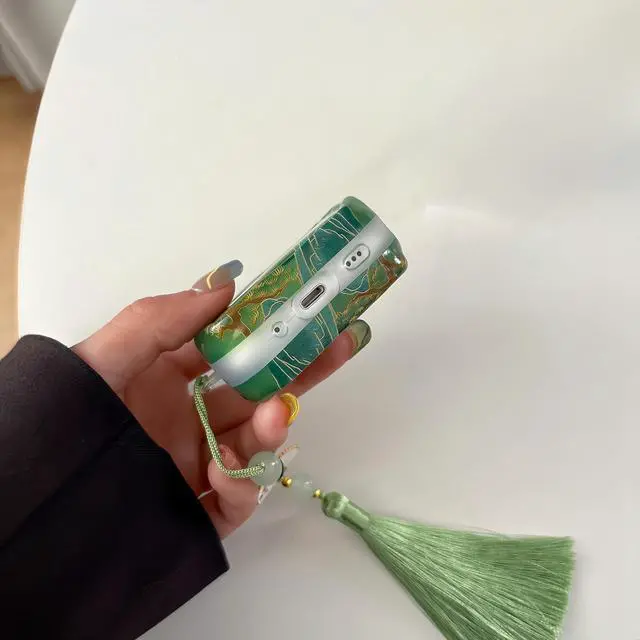 Alt view image 3 of 6 - Lucky Crane Case for AirPod Pro 2, Green Cover Soft TPU Protective Skin Shockproof with Green White Fan Beaded Tassel Keychain and Cleaning Kit, Compatible with Airpods Pro 2nd/1st Generation
