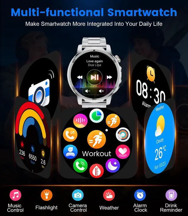 Alt view image 5 of 6 - Smart Watches for Men 1000mAh 1.85" HD IP68 LED Light Military Sport | Large Battery Big Touch Screen 110+ Sports Modes Waterproof