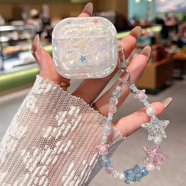 Alt view image 3 of 6 - for AirPod 4 Case Cute Dream Shell Pearl Shockproof Protective Cover with Strap Keychain Compatible for AirPods 4th Generation for Women Girls (Colored Stars)