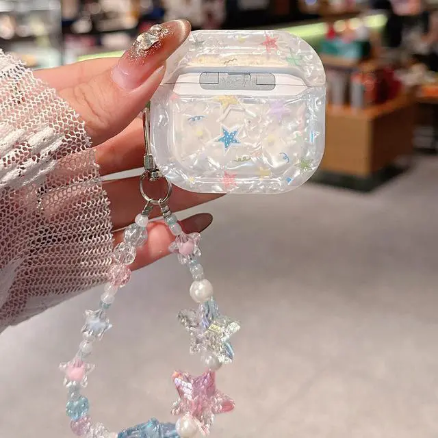 Alt view image 5 of 6 - for AirPod 4 Case Cute Dream Shell Pearl Shockproof Protective Cover with Strap Keychain Compatible for AirPods 4th Generation for Women Girls (Colored Stars)