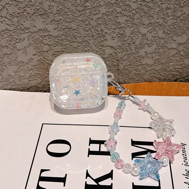 Alt view image 6 of 6 - for AirPod 4 Case Cute Dream Shell Pearl Shockproof Protective Cover with Strap Keychain Compatible for AirPods 4th Generation for Women Girls (Colored Stars)