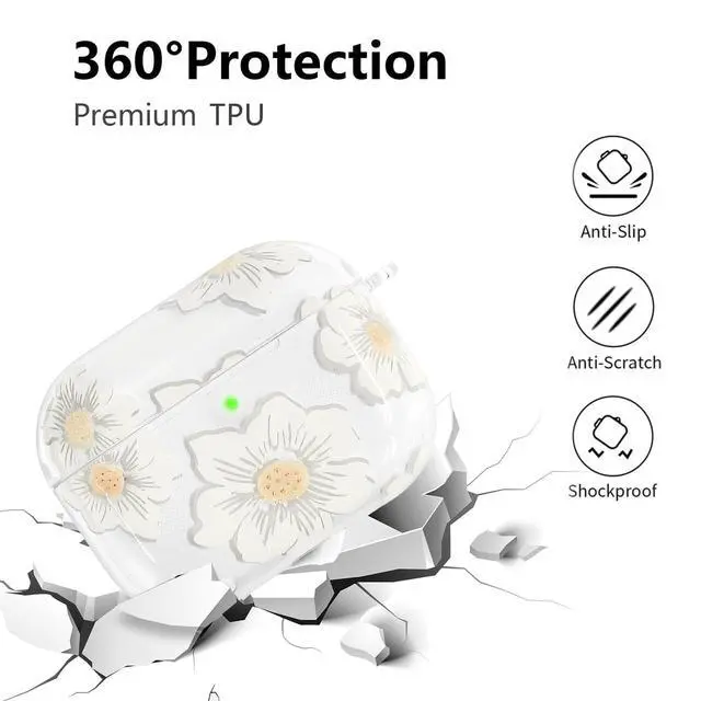 Alt view image 3 of 7 - Compatible with AirPods Pro 3 Case Cover 2025, Soft TPU Case with Cute Flower Pattern for AirPods Pro 3rd Generation Case with Flower Keychain and Cleaner Kit for Girls Women (White)