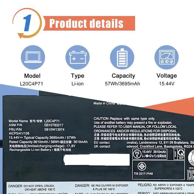Alt view image 2 of 6 - 57Wh L20C4P71 L20M4P71 Laptop Battery Compatible with Lenovo ThinkPad X1 Carbon 9th 10th Gen X1 Yoga 6th 7th Gen 2021 Series 5B10W13974 SB10T83216 L20D4P71 SB10T83218 SB10T83217