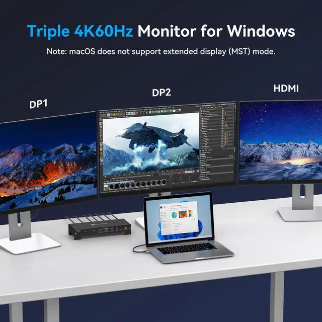 Alt view image 6 of 6 - USB C Laptop Docking Station 3 Monitors 4K with 120W Power Supply 15-in-1 Thunderbolt Dock for Multiple Monitors with 2DP and HDMI Port PD100W/10Gbps USB/SD&TF/Ethernet etc (macOS-No Extended Mode)