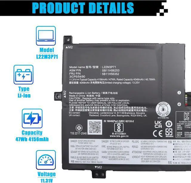 Alt view image 2 of 7 - L22M3P71 SB11H56253 Laptop Battery for Lenovo 100w 300w 500w Gen 4 2023 Series L22M3P72 SB11H56256 5B11H56355 5B11H56352 L22D3P71 SB11H56255 5B11H56354 L22C3P70 SB11H56254 5B11H56353 47Wh 4156mAh