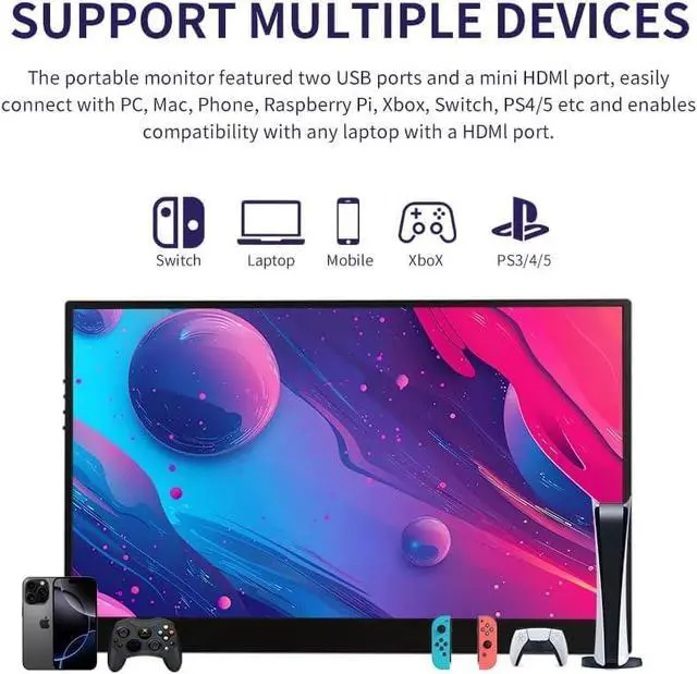 Alt view image 4 of 7 - 15.6 Inch Wireless Portable Monitor, HDR Eye Careful Gaming Monitor, FHD IPS/HDR Computer Screen Extender with Built-in Speakers, Compatible with Laptop PC Phone PS4/PS5 Switch