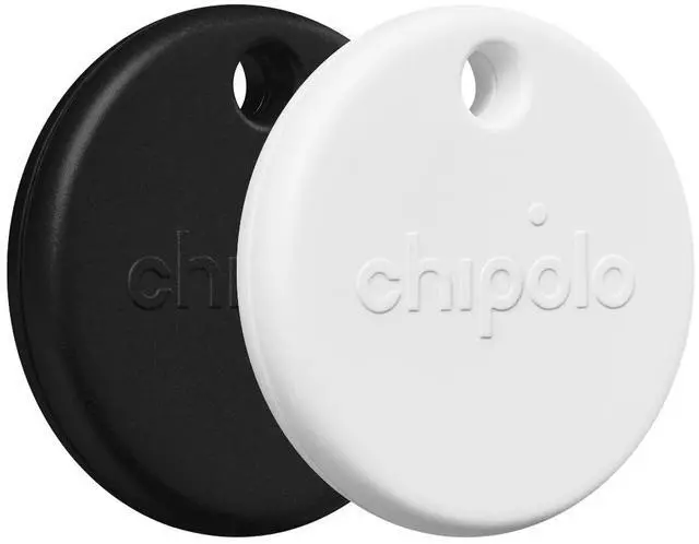 Main image of POP Tracker Tag - Colorful, Compatible, Loud Bluetooth Tracker with Call Your Phone & Out of Range Alert, Works with Apple Find My or Google's Find My Device - 2 Pack (White, Black)