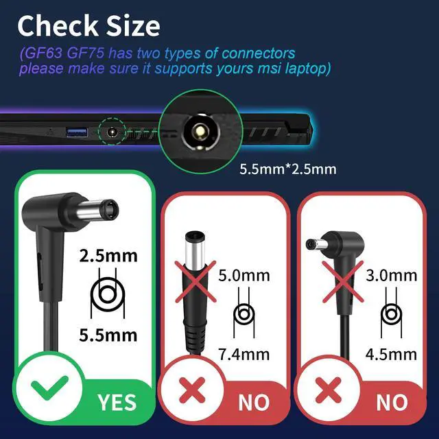 Alt view image 2 of 7 - 180W AC Charger Replacement for MSI GS63 GS63VR GS65 GS75 Stealth, GF75 Thin GF65 Thin, GE60 GE62 GE70 GE72 Apache, GL62 GL72 6QF, GS40 Compatible with MSI Gaming 5.5x2.5mm Tip Supply Cord