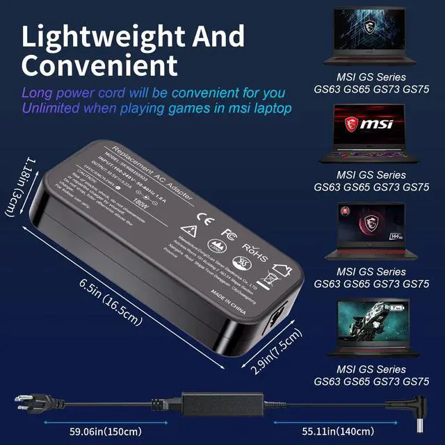 Alt view image 6 of 7 - 180W AC Charger Replacement for MSI GS63 GS63VR GS65 GS75 Stealth, GF75 Thin GF65 Thin, GE60 GE62 GE70 GE72 Apache, GL62 GL72 6QF, GS40 Compatible with MSI Gaming 5.5x2.5mm Tip Supply Cord