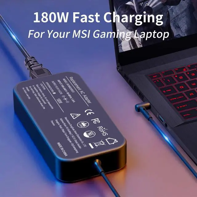 Alt view image 7 of 7 - 180W AC Charger Replacement for MSI GS63 GS63VR GS65 GS75 Stealth, GF75 Thin GF65 Thin, GE60 GE62 GE70 GE72 Apache, GL62 GL72 6QF, GS40 Compatible with MSI Gaming 5.5x2.5mm Tip Supply Cord