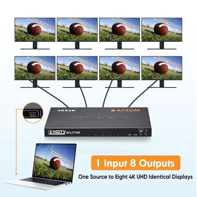 Alt view image 4 of 6 - HDMI Splitter 1 in 8 Out - 1x8 HDMI Display Duplicate/Mirror - Powered Splitter Full HD 1080P, 4K - One Source to Eight Identical Displays