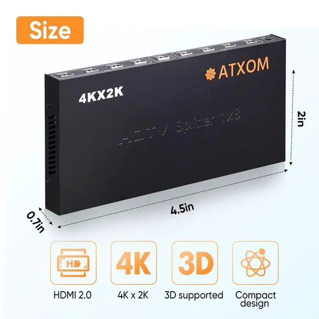 Alt view image 6 of 6 - HDMI Splitter 1 in 8 Out - 1x8 HDMI Display Duplicate/Mirror - Powered Splitter Full HD 1080P, 4K - One Source to Eight Identical Displays