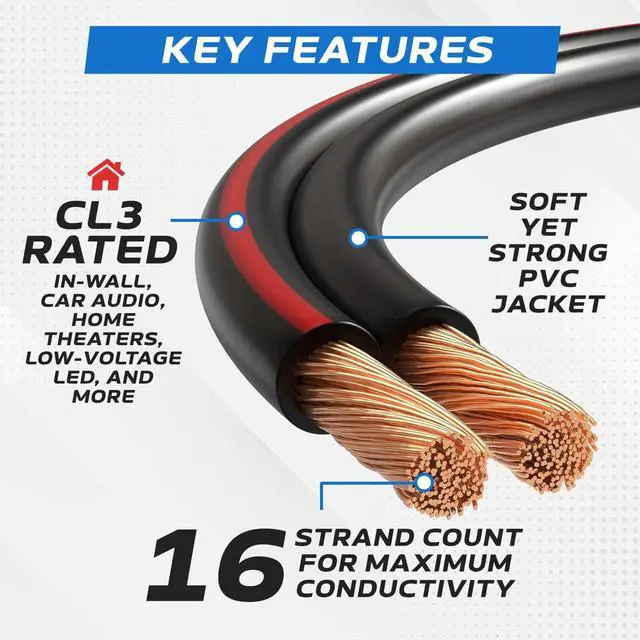 Alt view image 2 of 6 - Speaker Cable 100FT 18AWG 2 Conductors (18/2) CL3 Rated CCA (Copper Clad Aluminum) Black Jacket Compatible with Low Voltage LED Wire, Car Audio, Home Theater