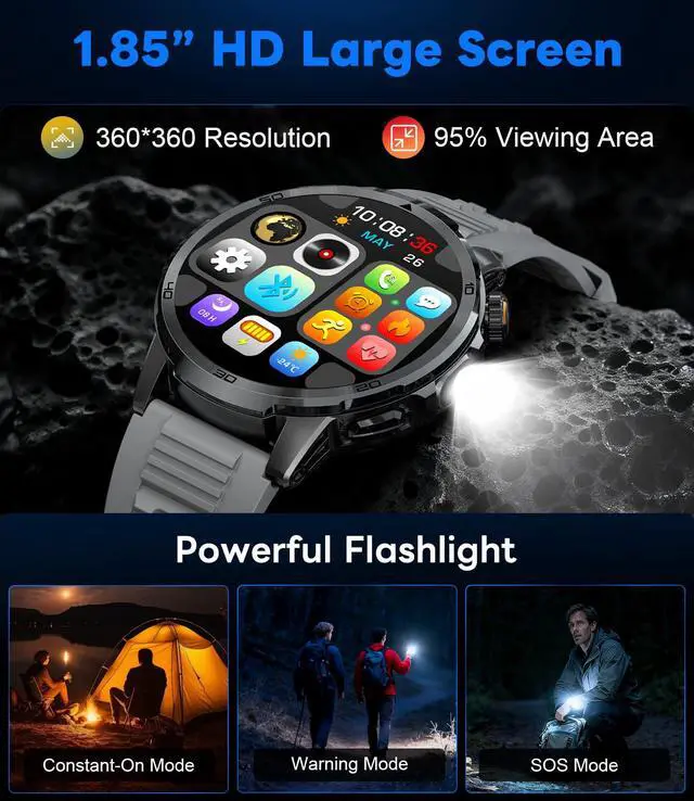 Alt view image 3 of 6 - Smart Watches for Men 1000mAh 1.85" HD IP68 Sport LED Light | Large Battery Big Touch Screen 110+ Sports Modes Waterproof