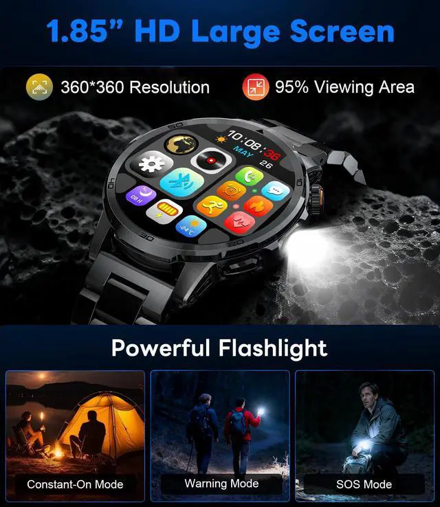Alt view image 3 of 6 - Smart Watches for Men 1000mAh 1.85" HD Military IP68 LED Light Sport | Large Battery Big Touch Screen 110+ Sports Modes Waterproof