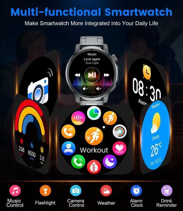 Alt view image 5 of 6 - Smart Watches for Men 1000mAh 1.85" HD Military IP68 LED Light Sport | Large Battery Big Touch Screen 110+ Sports Modes Waterproof