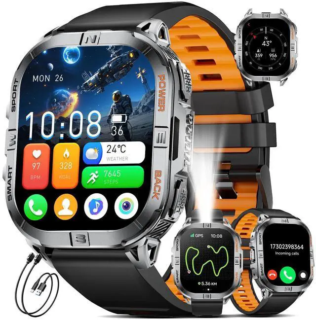Main image of Military Smart Watches for Men,Built-in GPS/LED Flashlight/Compass/600mAh Battery,2.13" AMOLED Outdoor Sports Smartwatch with 170+ Sport Modes,5ATM Waterproof Fitness Tracker for iOS Android,Silicon