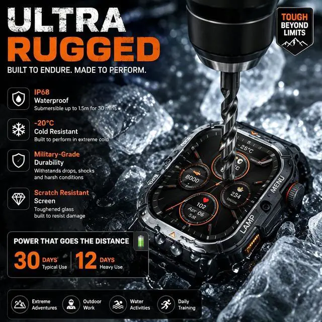 Alt view image 2 of 6 - L3 Smart Watch, 1.95" AMOLED, Bluetooth Calling, 70-Lumen Flashlight | Tough Build, 10-30 Days Long, Smarter Tracking | 5ATM/IP68 + MIL-STD-810H | Sports+Health Insights Compatible for iOS Android