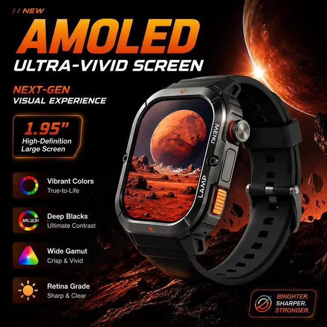 Alt view image 3 of 6 - L3 Smart Watch, 1.95" AMOLED, Bluetooth Calling, 70-Lumen Flashlight | Tough Build, 10-30 Days Long, Smarter Tracking | 5ATM/IP68 + MIL-STD-810H | Sports+Health Insights Compatible for iOS Android