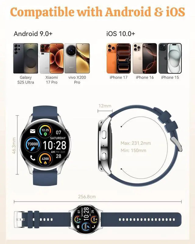 Alt view image 7 of 7 - Smart Watch Fitness Tracker for iPhone Android for Women Men, Activity Tracker with Calorie & Step Counter, 150+ Sports, Daily Workout & Sleep MonitorIP68 Waterproof Smartwatch (Blue)