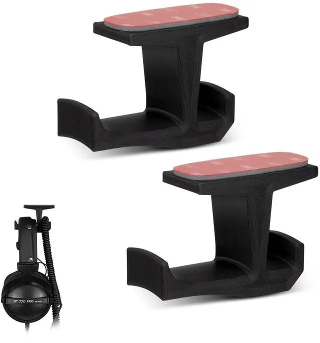 Main image of BigJ Under Desk Headphone Stand (2 Pack) Hanger Holder Mount for Headphones, Gaming Headsets, Mobiles Accessories, Stick On, No Screws (Black)