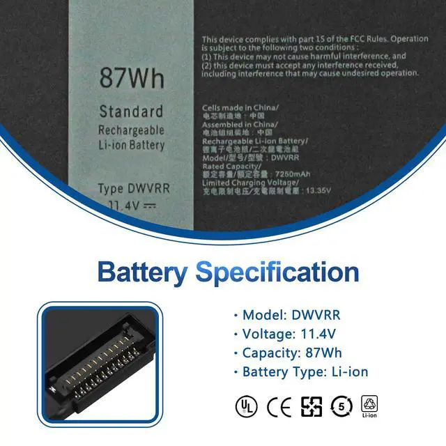 Alt view image 2 of 7 - DWVRR 87Wh Laptop Battery Replacement for Dell Alienware X15 R1 R2 X17 R1R2 | Inspiron 16 7620 2-in-1, Alienware X15 R1 NAWX15R101 X17 RTX 3080 P48E Series Notebook 817GN 0817GN NR6MH 0NR6MH 7250mAh