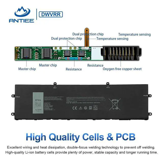 Alt view image 4 of 7 - DWVRR 87Wh Laptop Battery Replacement for Dell Alienware X15 R1 R2 X17 R1R2 | Inspiron 16 7620 2-in-1, Alienware X15 R1 NAWX15R101 X17 RTX 3080 P48E Series Notebook 817GN 0817GN NR6MH 0NR6MH 7250mAh