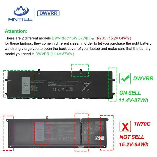 Alt view image 3 of 7 - DWVRR 87Wh Laptop Battery Replacement for Dell Alienware X15 R1 R2 X17 R1R2 | Inspiron 16 7620 2-in-1, Alienware X15 R1 NAWX15R101 X17 RTX 3080 P48E Series Notebook 817GN 0817GN NR6MH 0NR6MH 7250mAh