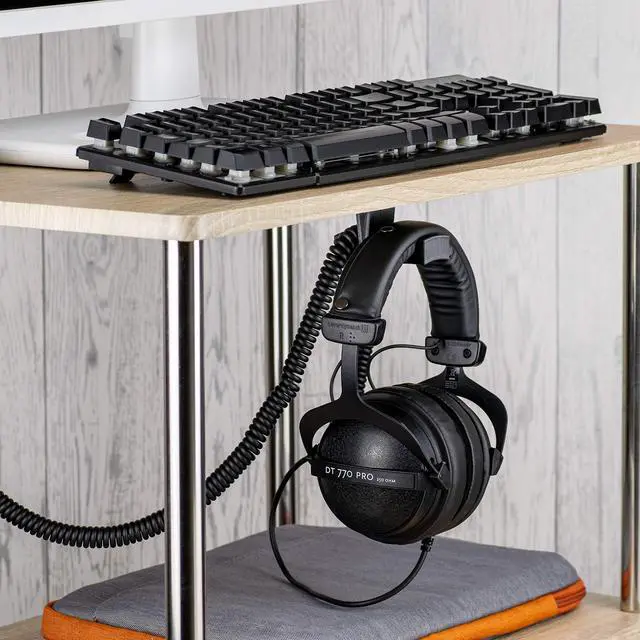 Alt view image 2 of 7 - BigJ Under Desk Headphone Stand (2 Pack) Hanger Holder Mount for Headphones, Gaming Headsets, Mobiles Accessories, Stick On, No Screws (Black)